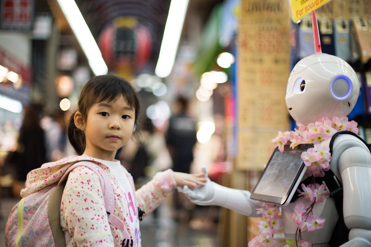 Robot contemplating in a futuristic setting